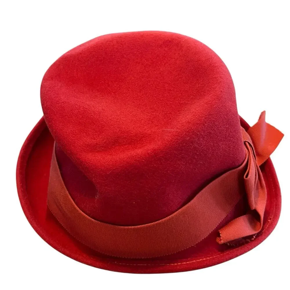 Zephyr Cloche Hat Vintage Felted Fur or Wool Women Size 6 3/4 Red Librarian Chic - Picture 4 of 10